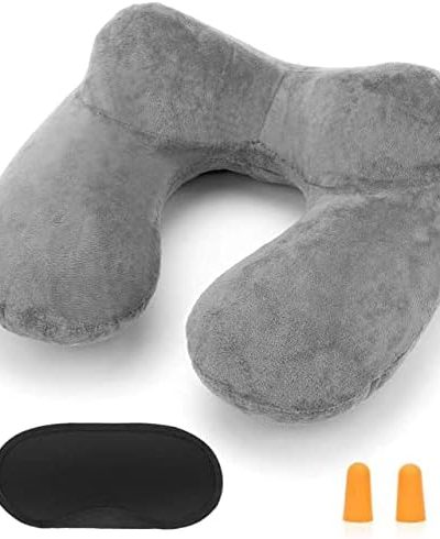HITSZS Inflatable Travel Pillow for Airplane Inflatable Neck Pillow for Traveling with Soft Velvet Washable Cover for Sleeping, Airplane,Train, Car, Office, Contoured Eye Masks, Earplugs
