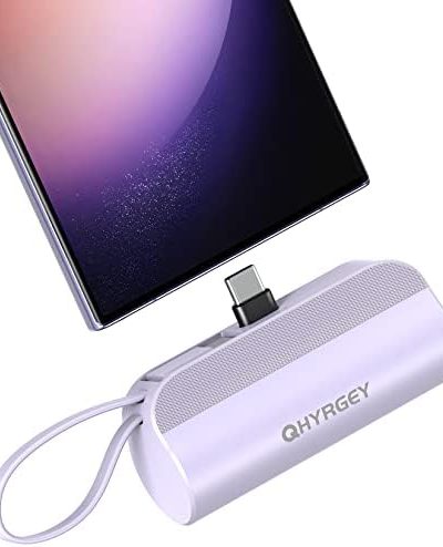 QHYRGEY Portable Charger Power Bank USB C, 5000mAh Fast Charging Battery Pack Built in Cable and Metal Stand Compatible with Samsung Galaxy S21, S20, S10, Note 20, Google Pixel, LG, and More (Purple)