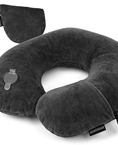 Rewondah Inflatable Travel Pillow, Inflatable Neck Pillow for Traveling Airplane, Travel Pillow Inflatable with Soft Velour Washable Cover, U Shape Blow Up Neck Pillow for Airplanes Train Car Travel