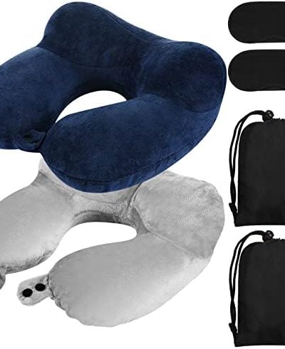 Sintuff 2 Pack Inflatable Travel Pillow for Airplanes Soft Velvet Inflatable Travel Neck Pillows with Compact Bag and Blindfold for Traveling, Airplane, Train, Car, Office (Gray and Blue)